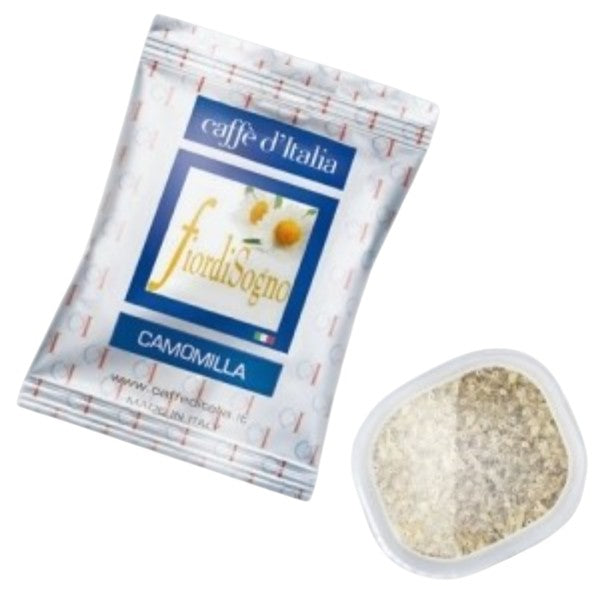 Embalagem de chá de camomila Fiordisogno da Caffe D'Italia UK - CoffeHome com cápsula individual e selo BIO